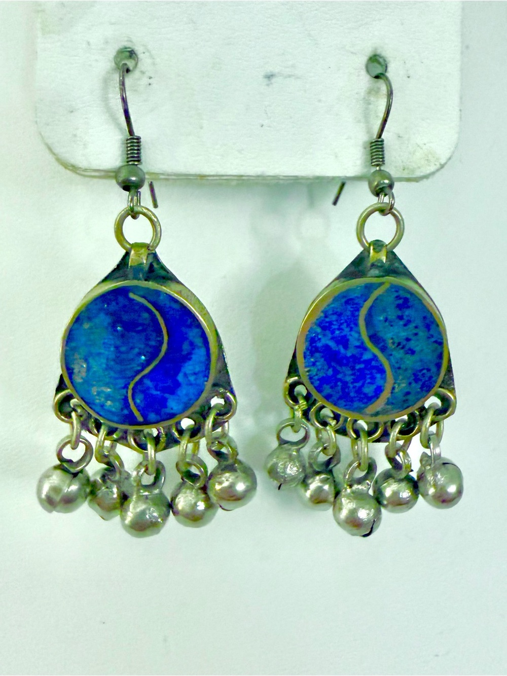 925 Sterling Silver Blue Stone Inlay Bell Dangle Boho Chandelier Earrings